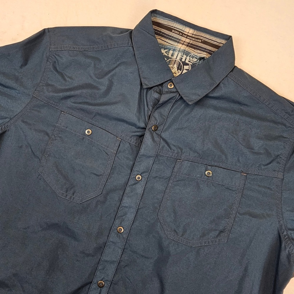 Kuhl Mens Short Sleeve Button Down Shirt Blue Ripstop Hiking Outdoor Medium